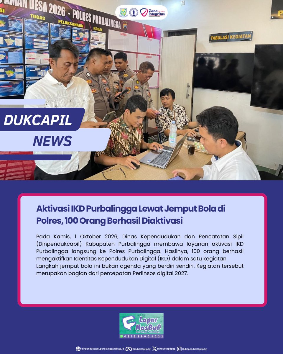 DindukcapilPbg's tweet photo. Kamis (1/10/2026), Dinpendukcapil Purbalingga kembali melakukan jemput bola aktivasi IKD langsung di Polres Purbalingga. Hasilnya? Sebanyak 100 orang berhasil mengaktifkan IKD dalam satu kegiatan!
#DukcapilPurbalingga #PemkabPurbalingga #Purbalingga #IKD #Perlinsos https://t.co/iOWaOLwVPf