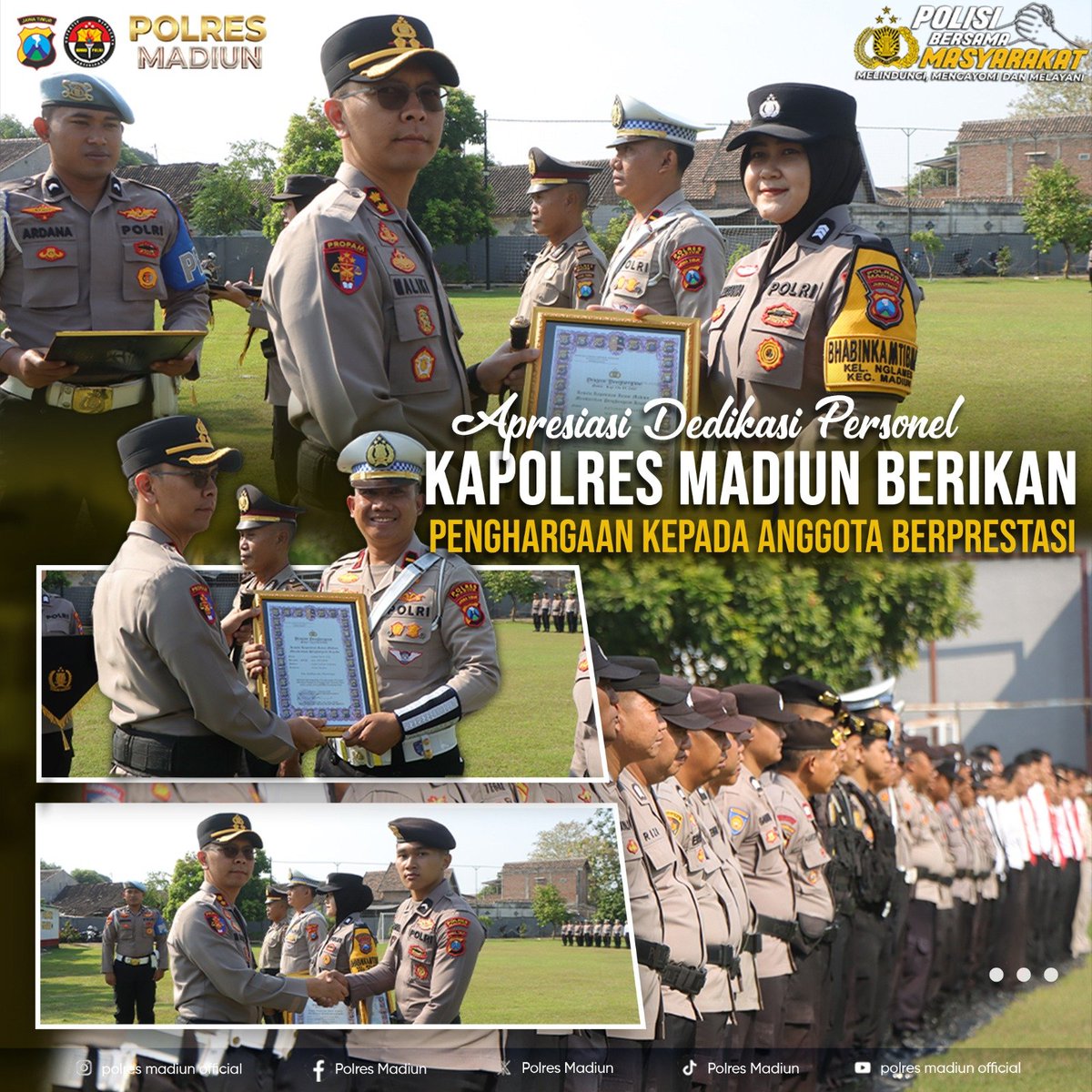XPolsekkare's tweet photo. Kapolres Madiun memberikan penghargaan kepada tiga personel berprestasi atas dedikasi dalam tugas kedinasan hingga prestasi pencak silat tingkat nasional. https://t.co/7waHHKG6Bc