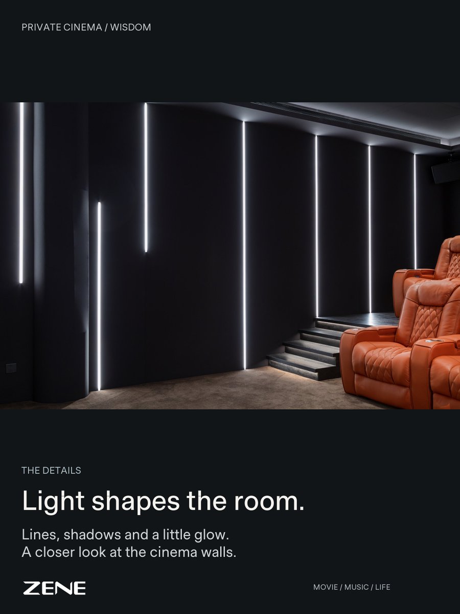 zene_official's tweet photo. The evening starts here.

A ceiling of stars. Warm leather seats. Light that shapes the room.
Step inside this Wisdom private cinema by ZENE—a space to leave the day behind and settle into the story.
What would you watch first?
#ZENE #PrivateCinema #HomeCinema #CinemaRoom https://t.co/mzoMqajFo8