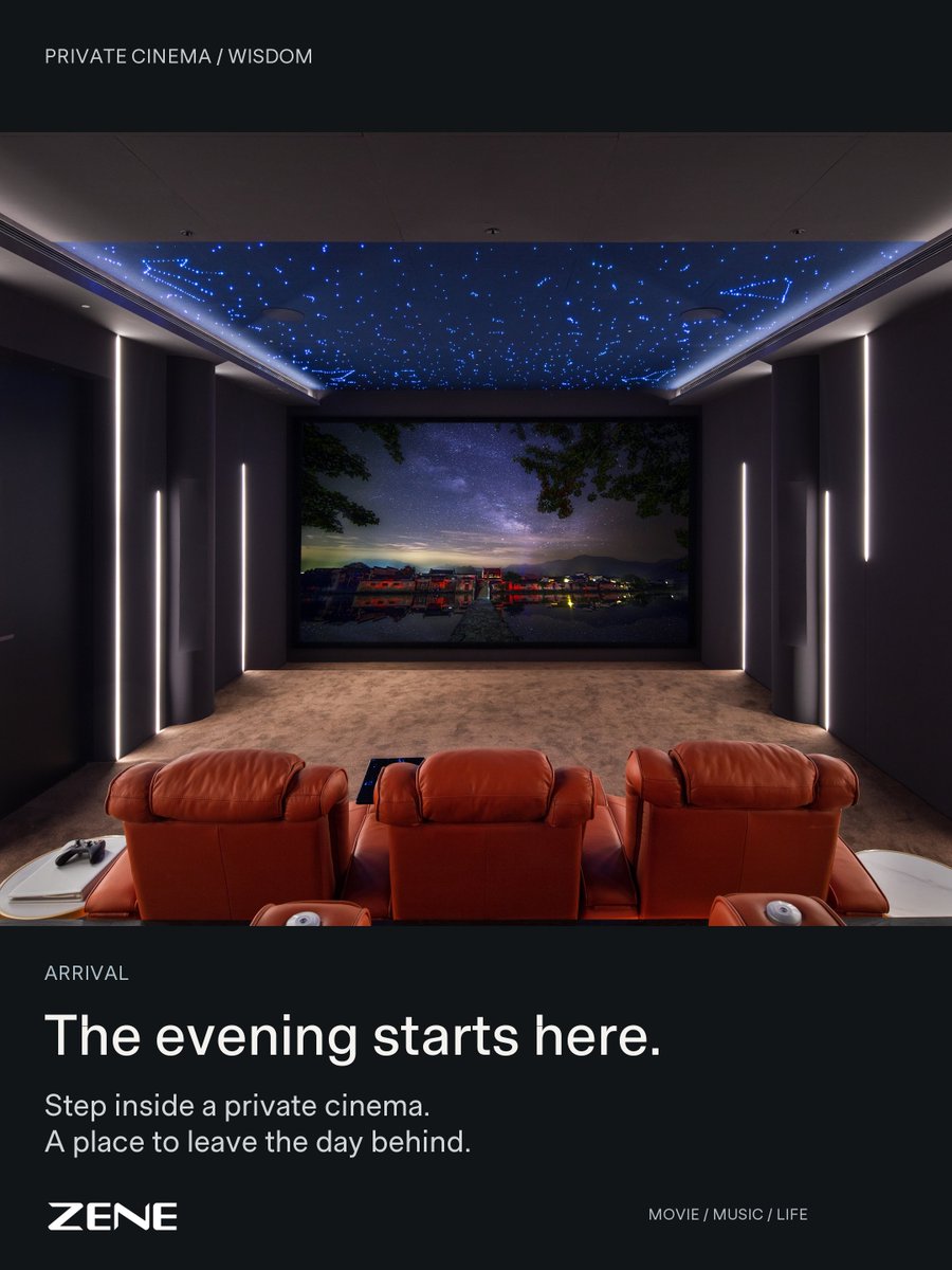 zene_official's tweet photo. The evening starts here.

A ceiling of stars. Warm leather seats. Light that shapes the room.
Step inside this Wisdom private cinema by ZENE—a space to leave the day behind and settle into the story.
What would you watch first?
#ZENE #PrivateCinema #HomeCinema #CinemaRoom https://t.co/mzoMqajFo8