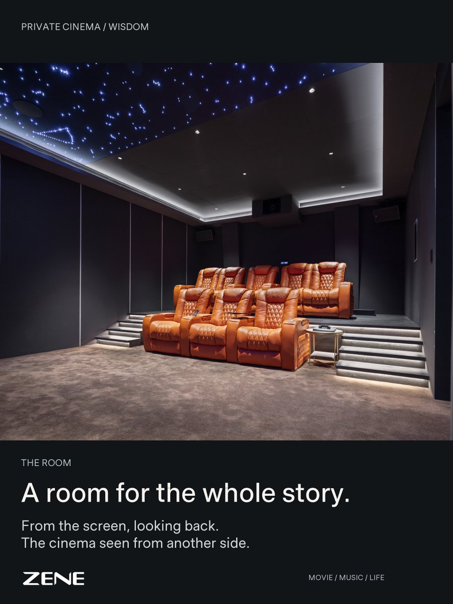 zene_official's tweet photo. The evening starts here.

A ceiling of stars. Warm leather seats. Light that shapes the room.
Step inside this Wisdom private cinema by ZENE—a space to leave the day behind and settle into the story.
What would you watch first?
#ZENE #PrivateCinema #HomeCinema #CinemaRoom https://t.co/mzoMqajFo8