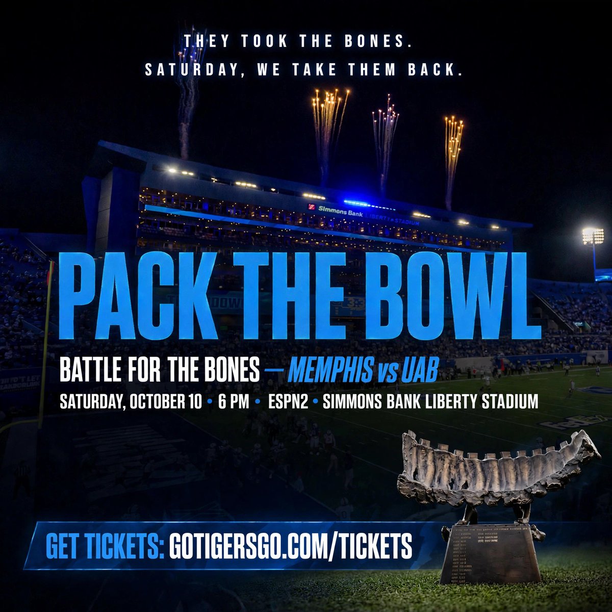 GregGaston25's tweet photo. Your city. Your team. Your Bones.
Saturday, 6 PM. Pack the Bowl. @MemphisFB vs. @UAB_FB #GoTigersGo 
https://t.co/0L1WI68IRs https://t.co/3qaOUorPig