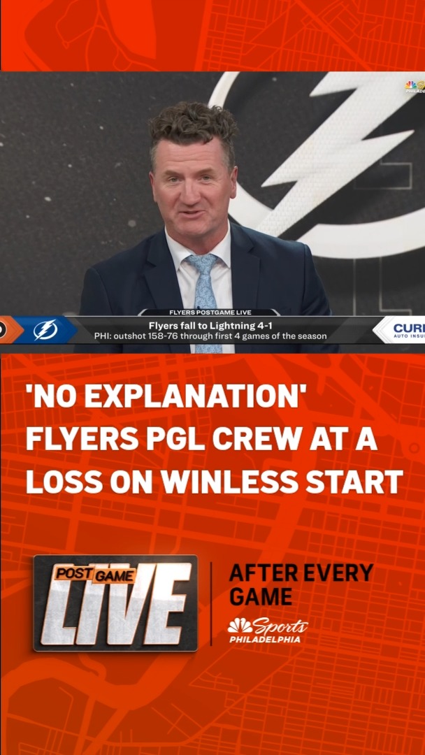 A man in a dark suit and blue tie appears on NBC Sports Philadelphia's "Flyers Postgame Live," with on-screen text reading "'NO EXPLANATION' FLYERS PGL CREW AT A LOSS ON WINLESS START" following their 4-1 loss to the Lightning, as they are now outshot 158-76 through the first four games of the season.