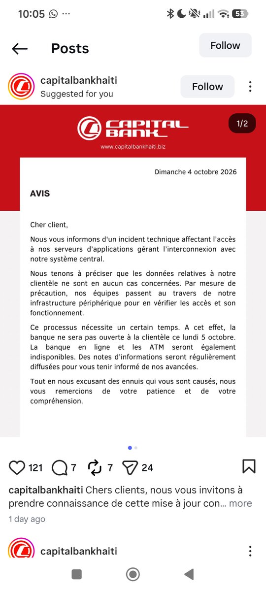 LikeChrisss's tweet photo. Capital Bank konfime yon ensidan teknik pandan LockBit reklame li atake bank lan.

Depi anviwon 24 èd tan, gen yon sitiyasyon k ap devlope  kote Capital Bank S.A parèt ta sibi yon atak anba men LockBit, yon rezo sibèkriminèl ki popilè pou atak tankou "ransomware".

Sou BreachSense, yon platfòm ki suiv ka vyolasyon done ak aktivite ransomware atravè mond lan, anrejistre https://t.co/Y16lOpvDDT kòm yon viktim LockBit reklame, ak dat dekouvèt la ki se 5 oktòb 2026. Daprè enfòmasyon ki pataje yo, gen yon dat limit ki fikse pou 19 oktòb 2026 pou Capital Bank reponn a demand LockBit yo.

Kisa yon ransomware ye?
Yon ransomware se yon kalte atak enfòmatik kote gwoup sibikriminèl yo rantre nan sistèm yon òganizasyon. Yo ka bloke oswa enkripte fichye yo, sa vle di mete òganizasyon sa nan yon sitiyasyon kote l pa ka aksede yo san yon kle espesyal. Men depi kèk tan, anpil gwoup ransomware itilize yon lòt taktik tou: yo vòlè done yo anvan, epi apre sa yo menase pibliye yo si òganizasyon an pa peye oswa pa antre nan negosyasyon avèk yo. Yo rele sa double extortion, se sa konpayi a negosye ak yo oubliye yo pibliye tout enfòmasyon ki ta dwe prive konpayi sila.

Se vre reklamasyon gwoup LockBit la pa yon prèv definitif ta gen yon bagay ki rive tout bon vre, men avèk nòt bank lan soti ayè 4 Oktòb la, sa leve anpil sispisyon e se pa bagay pou kliyan yo fèmen je sou li.
