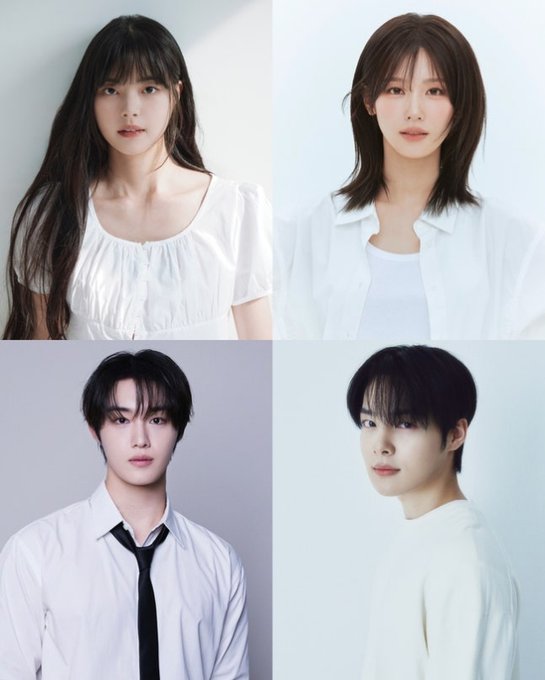 Four individuals—Hong Yeji, Miyeon from (G)I-DLE, Hyunsuk, and Kim Mingi—are pictured in a 2x2 grid of professional headshots against light backgrounds, confirming their casting in the new series "Bitch x Rich: Royal Camp."