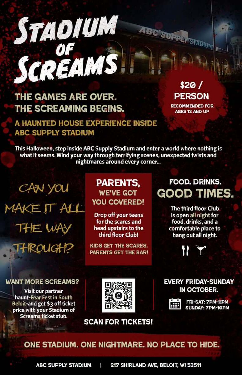 HamptonInnBLT's tweet photo. Ready for spooky season? 🎃👻 Tackle 3 local haunts this month: Sound of Terror, Stadium of Screams &amp; Fear Fest! Rest easy after with us in Beloit!

#hamptoninn #beloit #visitbeloit #southbeloit #statelinehaunts #abcsupplystadium #halloweeninbeloit #beloitwi #spookyseason https://t.co/B9pBQPO6vI