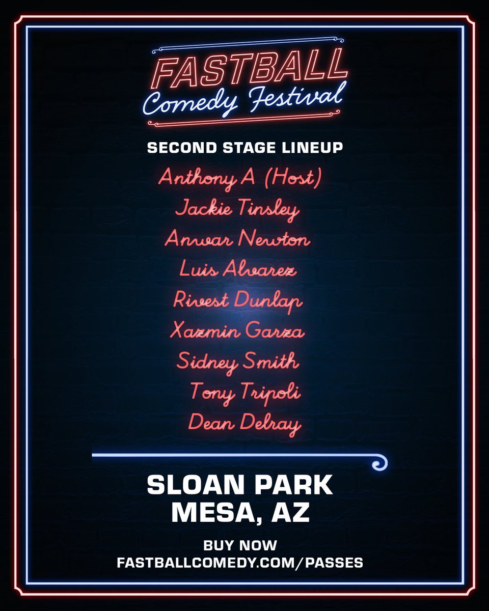 fastballcomedy's tweet photo. This lineup just got BIGGER ⚾️🔥

Introducing your second stage comedians: Anthony A. (Host), Dean Delray, Anwar Newton, Jackie Tinsley, Luis Alvarez, Rivest Dunlap, Sidney Smith, Tony Tripoli, and Xazmin Garza.

Tickets on sale at https://t.co/k0vNFmWU7G 🎟️ https://t.co/E1P72t3EZL
