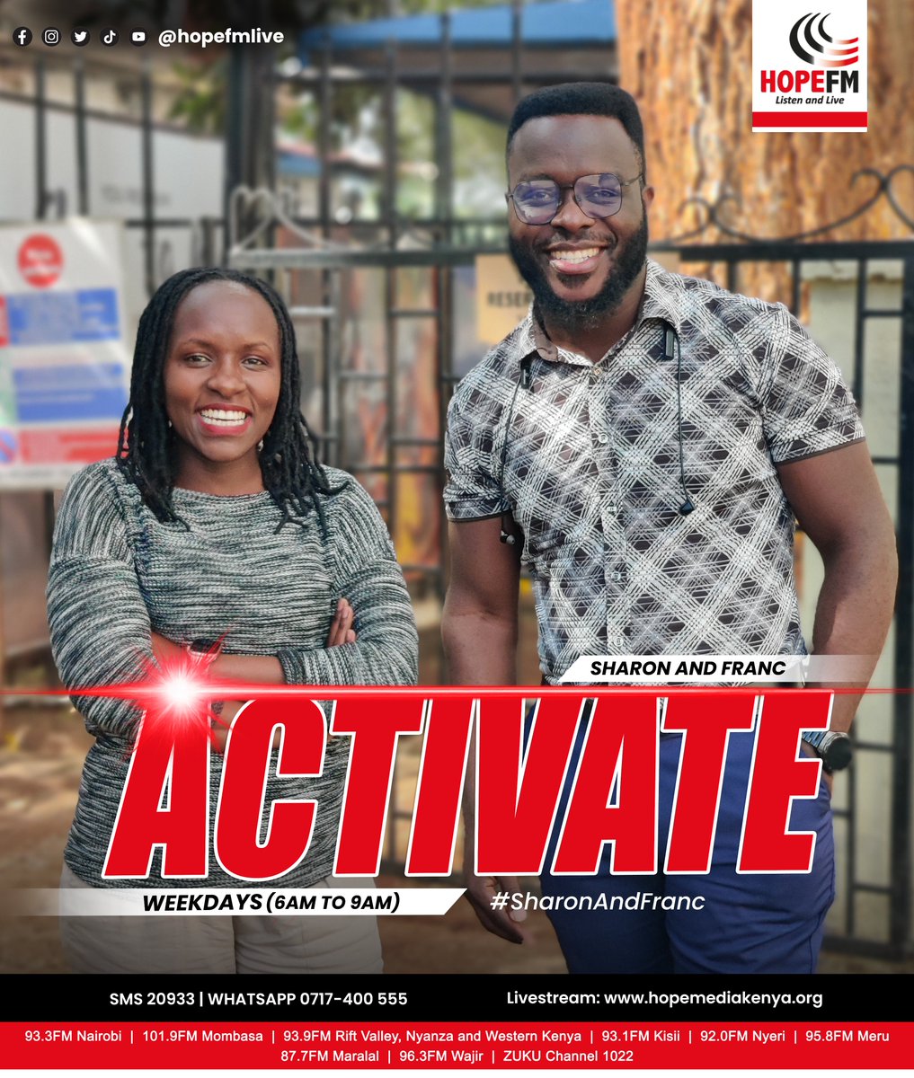 HopeFMLive's tweet photo. This Tuesday, keep moving with faith. You may not see the whole picture, but God does, and He is leading you somewhere good.
Welcome to #AllKenyanTuesday on #Activate with @sharon_Naitore and @Favoured_Franc.
Where in the world are you locked in from?
#SharonAndFranc https://t.co/qw56uMI9hZ