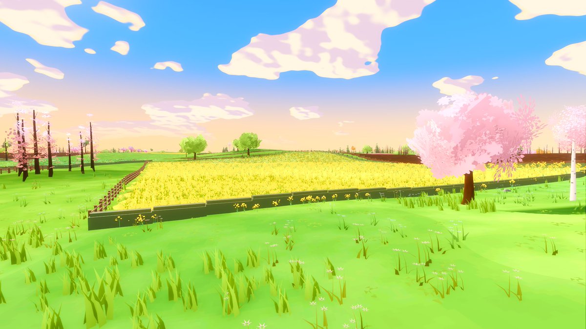 laituanvu's tweet photo. Replaced my flat grass cards with real geometry blades: about 80 triangles a clump, wind in the vertex shader, canola and cosmos fields that change with the season, and grass that springs back after a car. #gamedev #indiegame #driving #godot https://t.co/p7pPDv8wkk