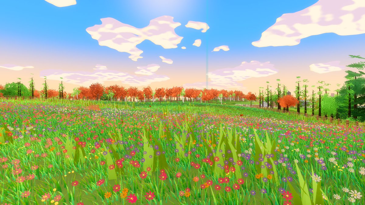 laituanvu's tweet photo. Replaced my flat grass cards with real geometry blades: about 80 triangles a clump, wind in the vertex shader, canola and cosmos fields that change with the season, and grass that springs back after a car. #gamedev #indiegame #driving #godot https://t.co/p7pPDv8wkk