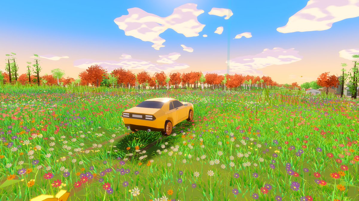 laituanvu's tweet photo. Replaced my flat grass cards with real geometry blades: about 80 triangles a clump, wind in the vertex shader, canola and cosmos fields that change with the season, and grass that springs back after a car. #gamedev #indiegame #driving #godot https://t.co/p7pPDv8wkk