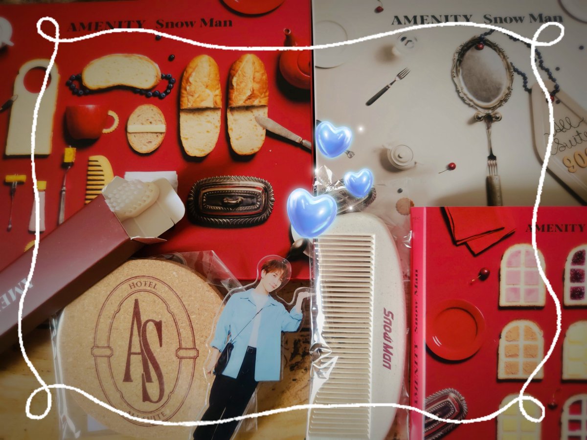 majorque's tweet photo. AMENITY、フラゲ完了⋯でございます！
コースター、くし、歯ブラシもございます
さて、どれから開けるかな🥰

#SnowMan #AMENITY_6thAL https://t.co/7KrIbIuTlI