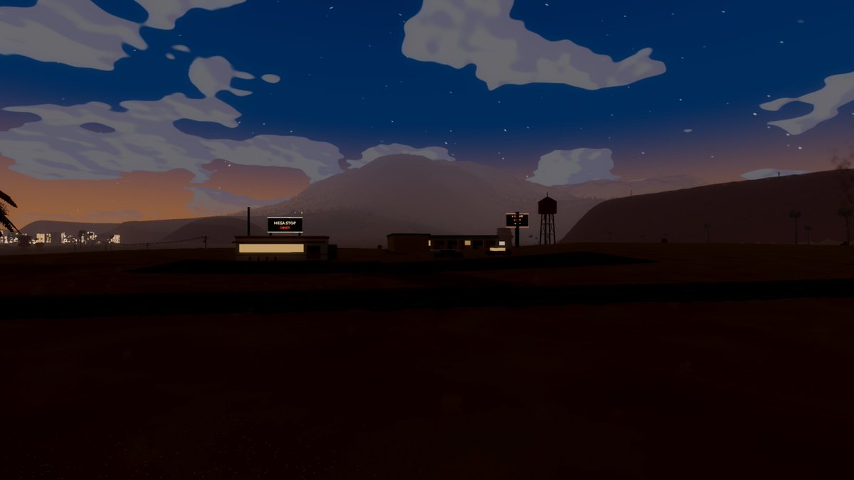 laituanvu's tweet photo. The desert in Drive Wild: Fields is not empty anymore: cactus gardens, mesas, a rock arch, a lit diner and motel, windmill ranches and tumbleweeds rolling with the wind. All sparse on purpose. #gamedev #indiegame #driving #godot https://t.co/8SLEDHfxMH