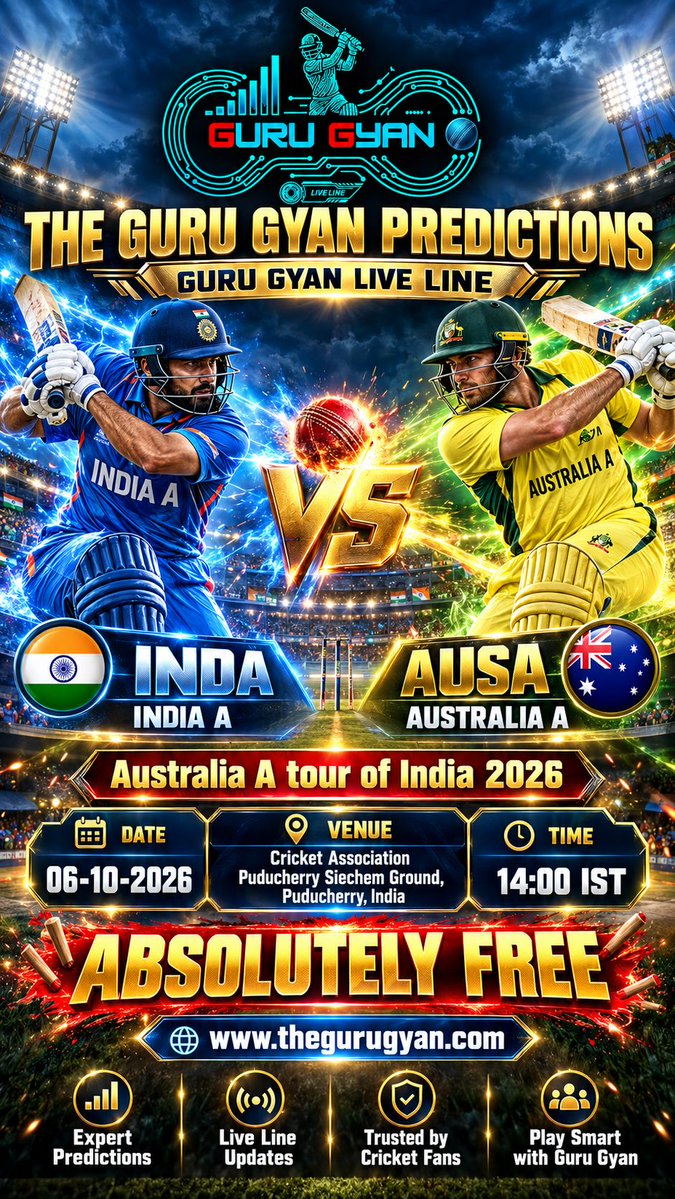 TheGuruGyanAI's tweet photo. Get Ready for #AustraliaATourOfIndia2026 Match
#IndiaA vs #AustraliaA
TODAY at 14:00
Live Score & FREE Predictions:
https://t.co/lIGQH37JTY
#TheGuruGyan #LiveLine #FreeCricketPredictions #INDA #AUSA
Read full article: https://t.co/lIGQH37JTY
#TheGuruGyan https://t.co/N76FGfLiSC