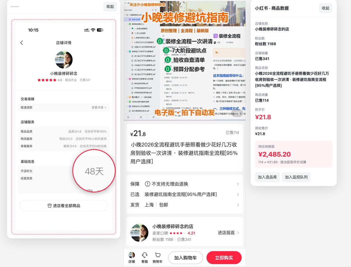 DongQingAsk's tweet photo. 在小红书做装修类的虚拟资料也是很不错的，每年的年底会有一些交房，要开始装修的，现在就可以开始

一直在说要扎根小红书的使用人群，偏女性化，我感觉很多女生对于婚礼，装修，这一类的可能要有更多自己的想法，会搜索一些装修的效果，看看喜欢什么样子的

如果你是自己也要装修，你可以把自己的经验也整理一份，说不定你自己装修的钱都可以赚回来
如果你自己不做装修，想跟进做一下这个市场，也没有问题
店铺开店48天，预估单品销售额2500元，店铺有3个销量差不多的产品，店铺销量已售341，总体的销售额还要在翻一倍还多

还有一家，发了40篇笔记，粉丝数量只有110，已售1000+高客单价，预估收入3万

类似的产品还有很多很多，商家很多，但是提供的方案不同以及图片的质量对于各种女孩子的吸引力不同，精挑细选，也比较关注产品力