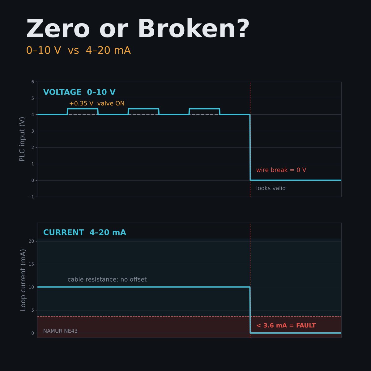 emresensoy's tweet photo. A broken 0–10 V wire reads 0 V. So does an empty tank.

That's the real problem with voltage signals: zero is a valid value, so a fault looks like data.

#PLC #IndustrialAutomation #AnalogSignals #ProcessControl #EGEROBOTICS https://t.co/hiMwXfcBdl
