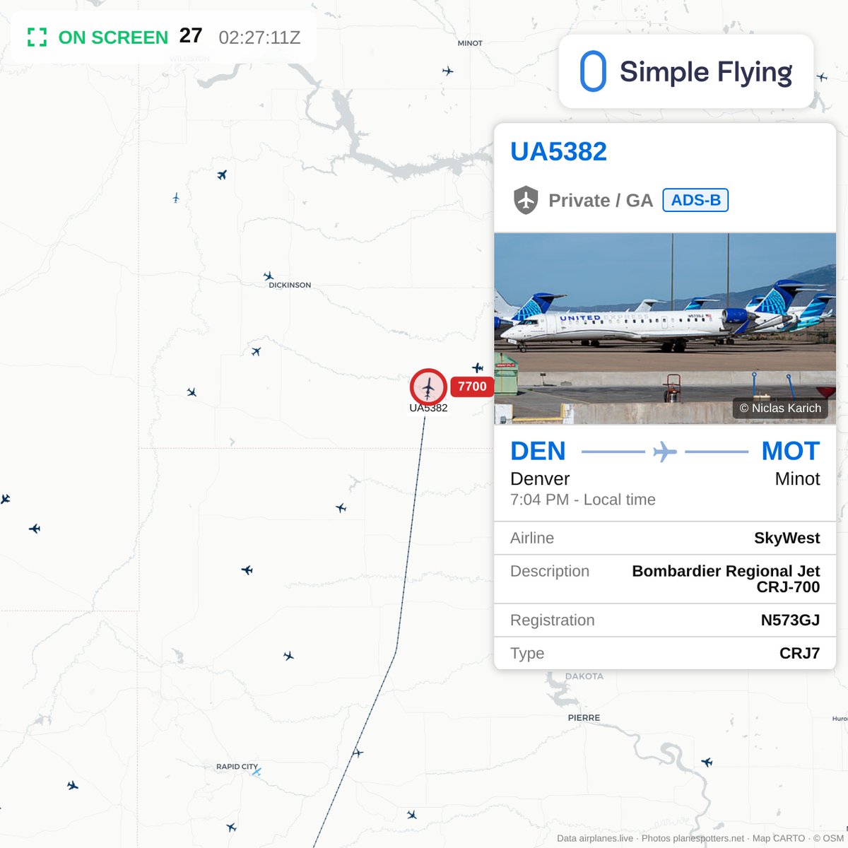 FlighttrackerSF's tweet photo. SkyWest flight UA5382, a Bombardier Regional Jet CRJ-700 from DEN to MOT, is squawking 7700 over the United States.

https://t.co/p8taPHmiI8 https://t.co/KVgzHuuYLn