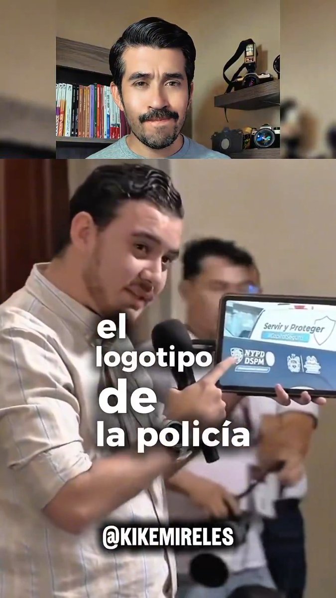 A TikTok video from @KIKEMIRELES showing a man pointing at a tablet displaying a police department logo, with Spanish subtitles 'el logotipo de la policía'.