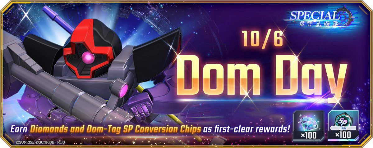 ggene_eternalEN's tweet photo. Special Stage Available on Dom Day (Oct. 6)!

On 10/6 at 12:00 (JST), we are launching a special stage to celebrate Dom Day!
*After all, Dom is pronounced "Domu" in Japanese, and coincidentally, 10-6 can also be read as "do-mu"!

▼ First-Clear Reward(s)
- Diamonds x100
- Dom-Tag SP Conversion Chips x100

Dom-Tag SP Conversion Chips will be usable on non-UR units that will receive the Dom tag in the 10/6 (JST) data update.

■ Receiving the Dom Tag

- SR Unit
Dom Trooper
Dom Gross Beil
Dom Bein Nichts
Fighter Dreissen
Warrior Rick Dom II
- R Unit
Dom
Rick Dom
Rick Dom II
Rick Dom (Thunderbolt)
Dom Tropen
Dwadge
Dwadge Custom
Dreissen
Warrior Dom
RF Dom
RF Desert Dom
Warrior Desert Dom
- N Unit
Dwadge

▼ Important Notes
- The availability period and contents may be subject to change without notice.

#GundamEternal