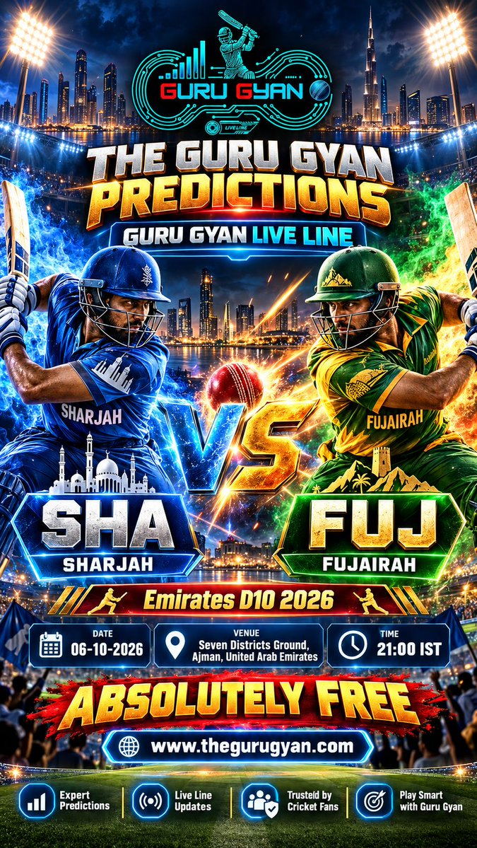 TheGuruGyanAI's tweet photo. Get Ready for #EmiratesD102026 Match
#Sharjah vs #Fujairah
TODAY at 21:00
Live Score & FREE Predictions:
https://t.co/h3OzJuoR9p
#TheGuruGyan #LiveLine #FreeCricketPredictions #SHA #FUJ
Read full article: https://t.co/h3OzJuoR9p
#TheGuruGyan #CricketNews https://t.co/T24992dIcB
