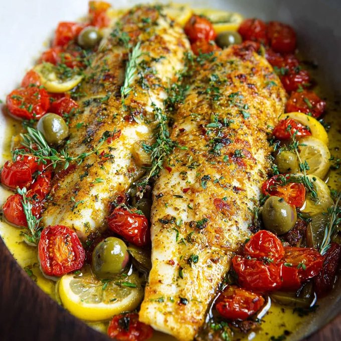 ann_ann886's tweet photo. Mediterranean Baked Fish 

Ingredients
2 white fish fillets (cod, haddock, halibut, or sea bass)
1 cup cherry tomatoes
1/2 cup pitted green olives
4 garlic cloves, minced
1 tsp lemon zest
1 tbsp fresh lemon juice
1 tsp dried oregano
2 tsp chopped fresh parsley
3 sprigs fresh rosemary
6 sprigs fresh thyme
1 tbsp sweet chili sauce
1/4 cup olive oil
1/2 tsp salt
1/2 tsp black pepper
Lemon slices, for garnish
Optional: pinch of red pepper flakes

Instructions
1. Prepare the Oven
Preheat oven to 400°F (200°C).
2. Make the Marinade
In a small bowl, whisk together:
olive oil
garlic
lemon zest
lemon juice
oregano
parsley
sweet chili sauce
salt
black pepper
3. Assemble the Dish
Place fish fillets in a baking dish.
Scatter cherry tomatoes, olives, rosemary, thyme, and lemon slices around the fish.
Pour the marinade evenly over everything.
4. Bake
Bake uncovered for 18–22 minutes, depending on fish thickness, until the fish flakes easily with a fork and the tomatoes are blistered.
5. Finish & Serve
Spoon the flavorful pan juices over the fish.
Garnish with extra parsley and fresh herbs.
Serve with crusty bread, rice, couscous, or roasted potatoes for a beautiful Mediterranean-style dinner.