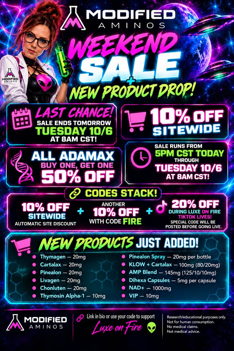 LuxeOnFire's tweet photo. 🚨 TWO LIMITED-TIME DROPS TO KNOW ABOUT

👽 MODIFIED AMINOS — LAST CHANCE
Weekend event ends Tuesday 10/6 at 8 AM CST.
10% sitewide + another 10% with code FIRE 🔥

🧪 IRON WITHIN — PRE-ORDERS OPEN
Iron F Bomb + Thrive are coming back.
Presale pricing stacks with code FIRE 🔥

Two different events. Same code. 😏

Research/educational purposes only. Not for human consumption.