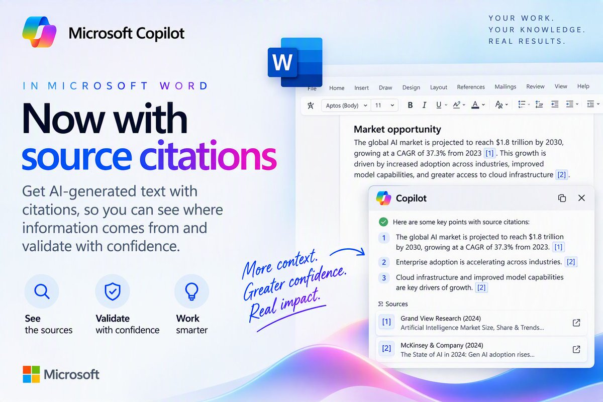 AlphaBalzer's tweet photo. Copilot in Word just got a seriously useful upgrade. 👀

Copilot can now include citations in AI-generated responses, making it easier to see where information came from and validate the output. 🙏

📎 https://t.co/PqVC1VbXoc https://t.co/NFWSF7SuPW