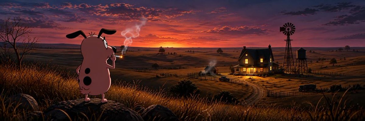 CoachPatNFT's tweet photo. NEW REACTION MEME JUST DROPPED AND SOMEHOW NOBODY’S RUNNING WITH IT YET 😭

Courage the Cowardly Dog is back.

Courage the paranoid pink dog who spent every episode fighting absolute nightmare fuel just to keep his family safe in the middle of nowhere.

Now there’s an edit going viral of him standing on a hill at sunset, cigarette in hand, looking back at the farmhouse in the distance.

The video pulled 1.6 MILLION views in 24 hours.

Courage is randomly taking over TikTok and socials again and this image has insane reaction meme potential.

$Courage the Cowardly Dog 

https://t.co/VewYA5dz97

https://t.co/OR5Sj7cb1H