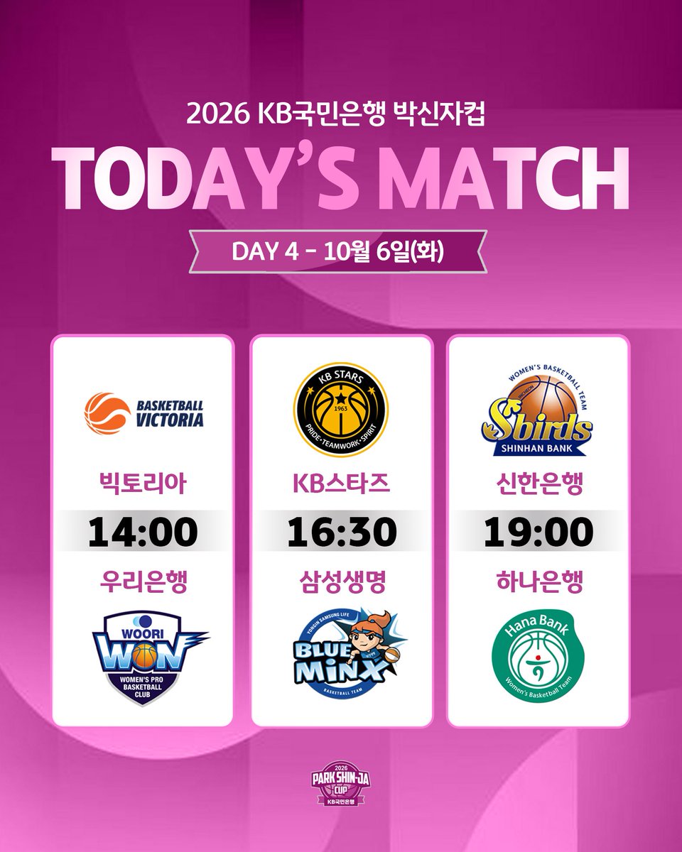 t_wkbl's tweet photo. 🏀 10.06(화) 경기 안내
14:00 빅토리아 vs 우리은행
16:30 KB스타즈 vs 삼성생명
19:00 신한은행 vs 하나은행 

📌전경기 뉴미디어 생중계
여농티비, 네이버치지직, SOOP, 다음스포츠, WKBL 애플리케이션

#WKBL #parkscup #현재순위 #박신자컵 https://t.co/B34wd6Tyxk