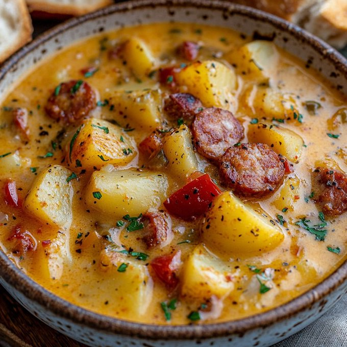 ann_ann886's tweet photo. Cajun Potato Soup 

Creamy Cajun potato soup loaded with smoky sausage, tender potatoes, and bold Southern flavor - the ultimate cozy comfort food!

Ingredients
1 lb smoked sausage, sliced
5 medium potatoes, peeled and diced
1 small onion, diced
1 red bell pepper, diced
3 cloves garlic, minced
4 cups chicken broth
1 cup heavy cream
1 cup shredded cheddar cheese
2 tablespoons butter
1 tablespoon flour
1 tablespoon Cajun seasoning
1/2 teaspoon smoked paprika
Salt and black pepper, to taste
Chopped parsley for garnish

Instructions
In a large pot, cook sliced sausage over medium heat until browned. Remove and set aside.
Melt butter in the same pot. Add onion, bell pepper, and garlic. Cook until softened.
Stir in flour and cook for 1 minute.
Add diced potatoes, Cajun seasoning, smoked paprika, salt, pepper, and chicken broth.
Bring to a boil, then reduce heat and simmer for 15–20 minutes until potatoes are tender.
Lightly mash a few potatoes to make the soup extra creamy.
Stir in heavy cream, cheddar cheese, and cooked sausage.
Simmer for another 5 minutes until thick, creamy, and heated through.
Garnish with parsley and extra black pepper before serving.

Warm, creamy, smoky, and packed with Cajun flavor!