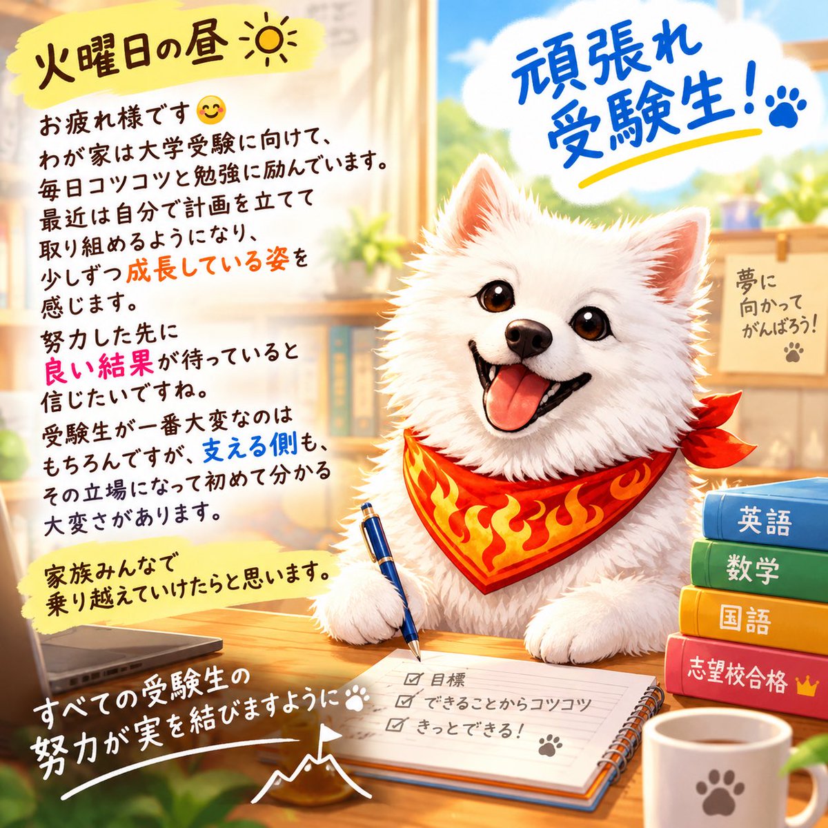 ysmsys's tweet photo. お疲れ様です😊

わが家は大学受験に向けて、毎日コツコツと勉強に励んでいます📚
最近は自分で計画を立てて取り組めるようになり、少しずつ成長している姿を感じます。

努力した先に、良い結果が待っていると信じたいですね。

受験生本人が一番大変なのはもちろんですが、支える側も、その立場になって初めて分かる大変さがあります。

家族みんなで乗り越えていけたらと思います。

頑張れ、受験生！📣✨
すべての受験生の努力が実を結びますように😊

#大学受験 #受験生 #頑張れ受験生