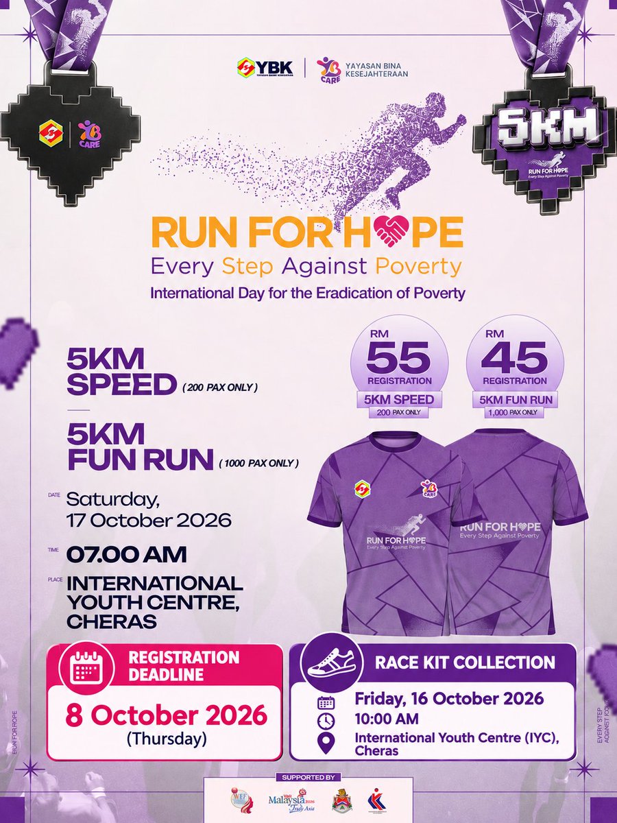 YBKMalaysia's tweet photo. 🚨 TINGGAL BEBERAPA HARI LAGI! 🏃‍♀️🏃‍♂️
📢 Tarikh akhir: 8 Okt 2026

Jangan lepaskan peluang sertai Run For Hope 2026! Tempat terhad: 5KM Speed (200 peserta) &amp; 5KM Fun Run (1,000 peserta).

🎽 Race Kit: 16 Okt | 10 pagi | IYC Cheras

Daftar sekarang: https://t.co/nJdxV6N7JI https://t.co/AEkt26v0ZC