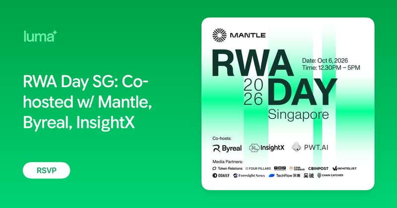 PWT_AI's tweet photo. Tokenization is moving from narrative to real-world financial infrastructure.

Excited to join Mantle RWA Day in Singapore alongside builders and institutions shaping what comes next for onchain assets and global capital markets.

See you at RWA Day. 🇸🇬 @Mantle_Official
👉 https://t.co/dvzIwi7h9y