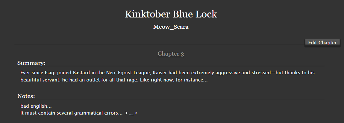 Manjir0Xt's tweet photo. CHAPTER 3 !! Kainess humiliation 
Kinktober Blue Lock by Meow_Scara - Blue Lock (Manga), Blue Lock (Anime) https://t.co/MKMbtJBnBp via @ao3org 
#kainess #kinktober2026 #kinktober https://t.co/YQQKuperlh