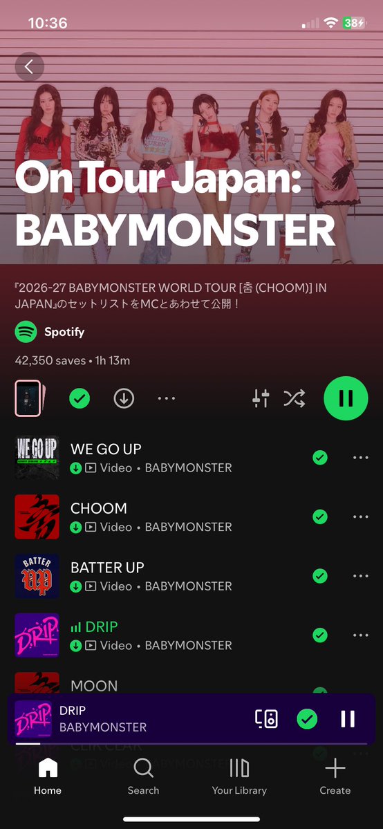 BABYMONSTERINTL's tweet photo. [📢] Here is BABYMONSTER's #ONTOUR:JAPAN Spotify playlist that you can use to help stream all of the current goals we are working on. Set the playlist to repeat and it'll play on constant loop.

FOCUS stream: DRIP 🔥

You can find the playlist here: 
🔗https://t.co/EbWRk56PGT https://t.co/7Yyq99mnBW