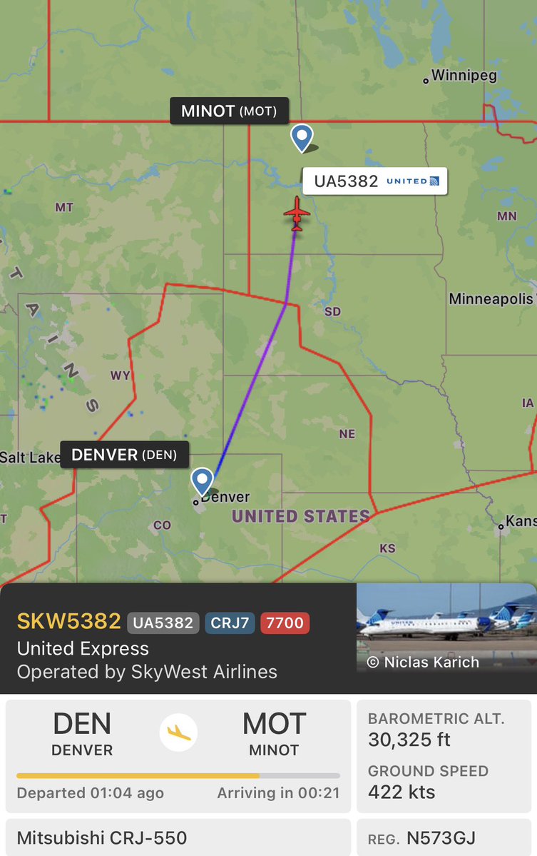 Squawk_Alert's tweet photo. #UnitedExpress flight #SKW5382/#UA5382  operated by #SkyWestAirlines from #Denver to #Minot is squawking 7700. The aircraft is a #Mitsubishi CRJ-550 with registration #N573GJ. Crew has declared emergency and look to be continuing to their destination. https://t.co/OCN7nhPx7I