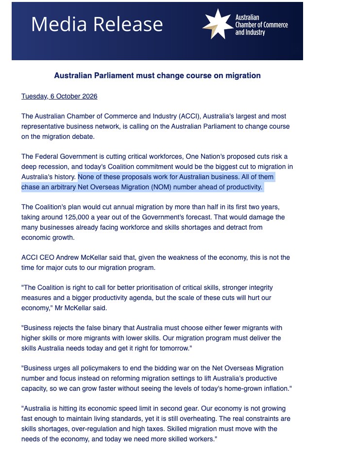 JoshButler's tweet photo. Australian Chamber of Commerce &amp; Industry says all three major migration policy plans - Labor, One Nation and today's Coalition - will hurt the economy, urging politicians to "change course"

"All of them chase an arbitrary Net Overseas Migration number ahead of productivity" https://t.co/hoBgWb7fjm