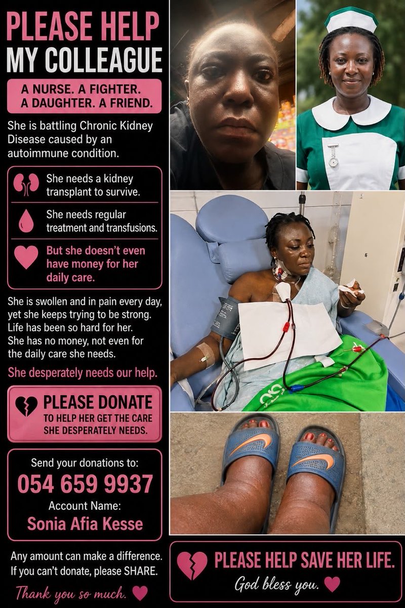 KWADWOLEBRON's tweet photo. PLEASE, LET’S HELP SAVE A LIFE 🙏🏾❤️

A classmate of mine from KOSS, who is also a nurse dedicated to saving lives, is battling chronic kidney disease and needs dialysis and eventually a kidney transplant.

No amount is too small. Please donate or share. 🙏🏾❤️ https://t.co/bAz3SKnPom
