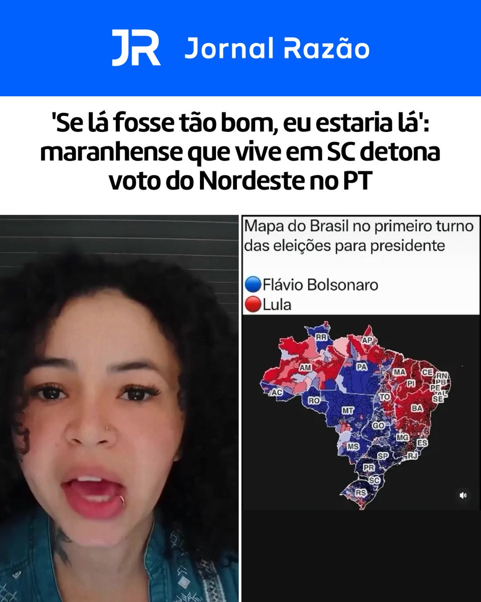jornalrazao's tweet photo. 🚨🔵 'Se lá fosse tão bom, eu estaria lá': maranhense que vive em SC detona voto do Nordeste no PT

Layne Amaral, que deixou o Maranhão há nove anos e mora em Bombinhas, gravou vídeo depois do primeiro turno: "Lula nem é mais uma opção" https://t.co/ccPID7mSJL