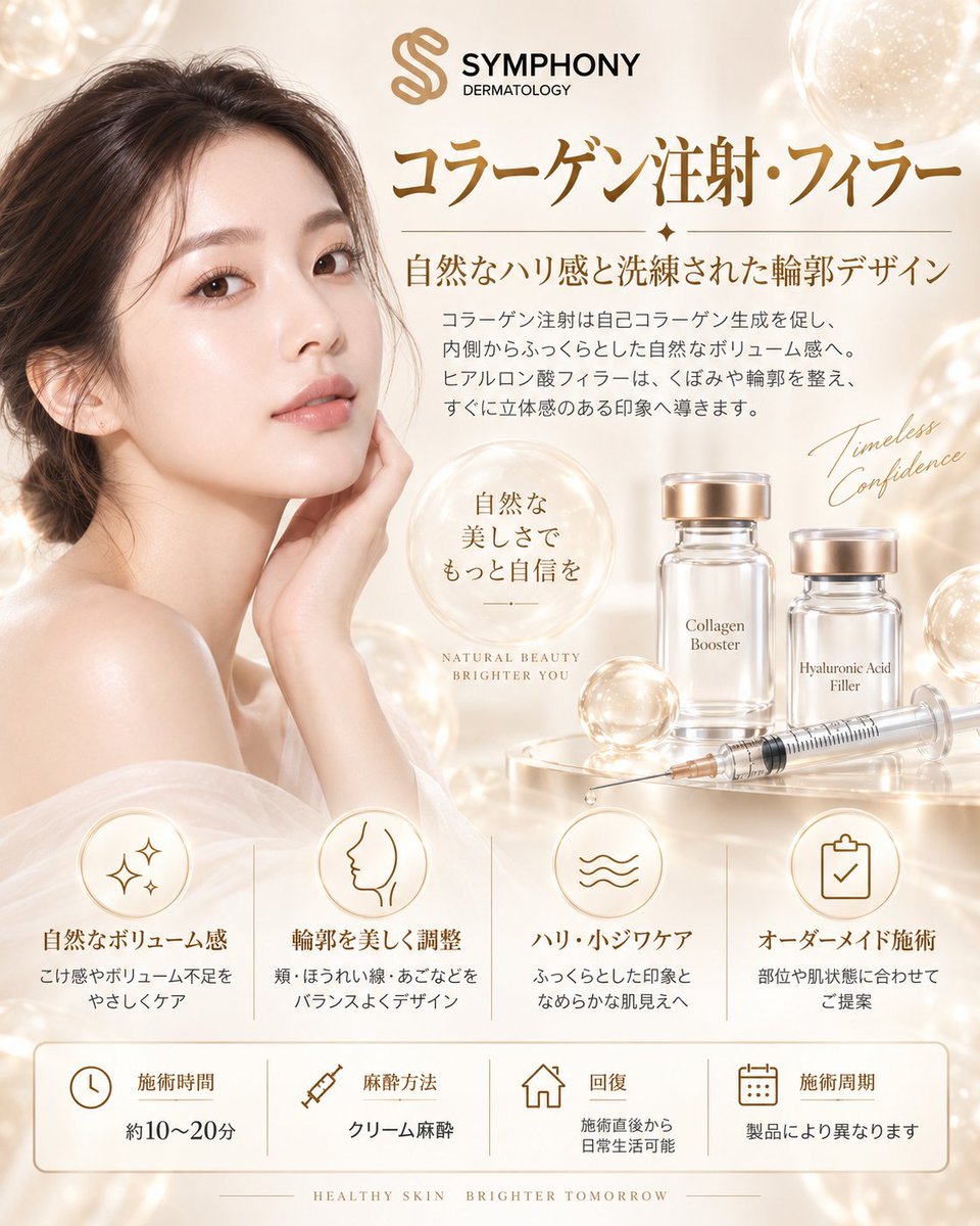 symphonyclinic_'s tweet photo. コメントに【INFO】と送ってくれた方に、フォロワー限定の「シンフォニー · コラーゲン注射＆ヒアルロン酸輪郭デザインVIP限定案内＆公式LINE相談」をDMでお送りします💌🤫（内側からの自然なハリ感×洗練された立体輪郭を新沙で叶える✨）

「頬のこけ感や深くなったほうれい線で疲れて見える……不自然にパンパンになるのは怖いけれど、ふっくら若々しいハリと綺麗な輪郭を手に入れたい！🥹🤍🩺」

ただ埋めるだけの過剰な注入はもう卒業！
肌の内側からの自己コラーゲン生成と、繊細な骨格フィラーで叶える「自��な美しさともっと自信を」✨

ソウル・新沙（シンサ）の SYMPHONY 整形外科・皮膚科 から、【コラーゲン注射 ＆ ヒアルロン酸フィラー · 自然なハリ感と洗練された輪郭デザイン】をご紹介します👇🤍✨

コラーゲン注射が肌本来のコラーゲン生成を促して内側から自然なふっくら感を生み出し、ヒアルロン酸フィラーが気になるくぼみやフェイスラインを整えて即座に美しい立体感へと導きます。

✨ シンフォニー · コラーゲン注射×フィラー 4大ポイント

🌸 01. 自然なボリューム感 ‧ こけ感・ボリューム不足をやさしくケア
• 自己線維芽細胞を活性化し、年齢とともに薄くなった真皮層のコラーゲン新生を促進。いかにも入れたような違和感のない、生まれつきのようなふっくら感を育みます。

📐 02. 輪郭を美しく調整 ‧ 頬・ほうれい線・あごのバランスデザイン
• 骨格や脂肪配置を見極め、必要なポイントへヒアルロン酸を精密注入。頬の高さやほうれい線の影、シャープなあご先をバランスよくデザインします。

🌊 03. ハリ・小ジワケア ‧ なめらかで若々しい素肌感
• 深部のボリューム補正と同時に肌表面の潤い・弾力を底上げ。乾燥によるちりめんジワをふっくらと目立たなくし、キメの整ったハリ肌へ導きます。

🎨 04. オーダーメイド施術 ‧ 部位や肌状態に合わせた最適提案
• 一人ひとりの肌の厚み、たるみの度合い、表情のクセに合わせて最適な薬剤と注入層を厳選。動いても自然な美しい仕上がりを追求します。

⏱️ 【旅行��も安心 ‧ 低負担のクイック施術】
• 施術時間：約10〜20分のスピーディーな施術
• 麻酔方法：痛みに配慮したクリーム麻酔
• 回復期間：ダウンタイムほぼなし！施術直後から日常生��・ソウル観光可能
• 施術周期：使用する製品や肌状態に合わせてご提案

—

💎 SYMPHONY（シンフォニー）が選ばれる理由
✓ 日韓両国の医師免許を持つ院長による 1:1 の丁寧な骨格診断＆精密注入 🇯🇵
✓ 100%正規品のみを使用、目の前で安心開封 🌎
✓ 専任日本語通訳サポート完備、カウンセリングから施術まで安心 🗣️
✓ 地下鉄3号線「新沙駅」8番出口すぐ（新沙ヒルビル2F / 4F）の好アクセス 🚇

─────────────────────

🏥 SYMPHONY 整形外科・皮膚科 🇰🇷
📍 ソウル市江南区島山大路165 新沙ヒルビル2F / 4F (地下鉄3号線 新沙駅8番出口すぐ)

💬 ご予約・日本語公式LINE相談
👉 LINE ID：(@)558zlbmc
https://t.co/hOZ7JPzl4J
（※ 検索時は必ず先頭に「@」を付けてご検索ください🔍）

*※ 注入量や効果の持続期間、回復経過には個人差がございます。

#シンフォニー皮膚科 #コラーゲン注射 #ヒアルロン酸フィラー #新沙皮膚科 #韓国美容