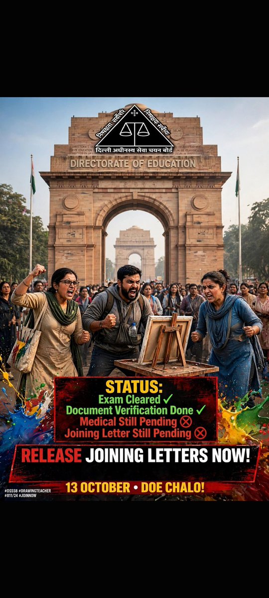 aayushxdahiya's tweet photo. @gupta_rekha @ashishsood_bjp @Dir_Education @LtGovDelhi
DSSSB Drawing Teacher 811/24
चयनित अभ्यर्थी तैयार हैं।
Medical हुए लगभग 2 महीने हो गए ✅
Document Verification पूरा हो गया ✅
फिर भी Joining Letter का इंतज़ार ❌
हमें Joining दीजिए।
 #DrawingTeacher #GiveJoiningNow https://t.co/btHcokPXbj