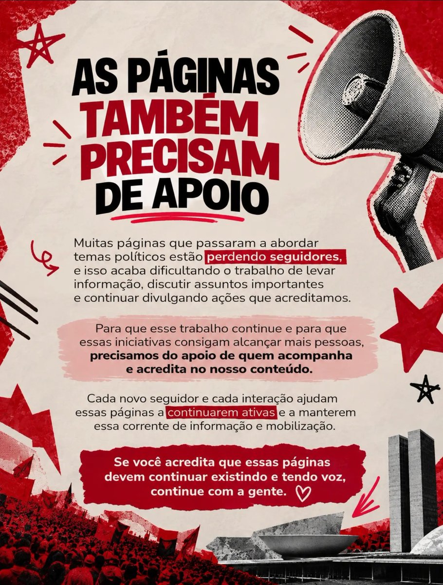 JhopeNews_'s tweet photo. AS PÁGINAS TAMBÉM PRECISAM DE APOIO
  
Muitas páginas (incluindo a nossa) que passaram a abordar temas políticos estão perdendo seguidores, e isso acaba dificultando o trabalho de levar informação e discutir assuntos importantes.
  
Para continuarmos colocando essa iniciativa em prática e fazendo esse conteúdo chegar a mais pessoas, precisamos de vocês.
  
Seguir, curtir, comentar e compartilhar pode parecer pouco, mas é isso que ajuda essa corrente a continuar crescendo.
  
Se você acredita nesse trabalho, apoie as páginas e ajude a manter essa voz ativa. 🌟
  
Se vive viu esse tweet, nos siga aqui e no nosso IG: https://t.co/dW0wzIM6BU

#Eleições2026 
#ARMYScomLULA #FandomsComLULA
