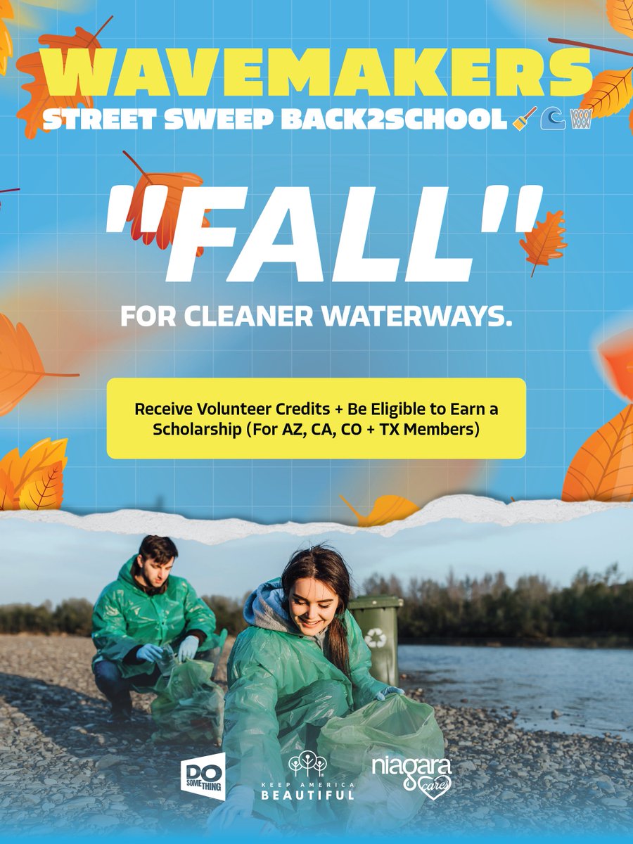 dosomething's tweet photo. Are you "falling" for cleaner waterways yet? Grab your friends and organize a Street Sweep today to stop litter before it reaches a nearby river, lake, stream, or storm drain. You’ll make an important difference in your community and receive volunteer credits for taking action.

Members in AZ, CA, CO, and TX are also become eligible for a $1,000 scholarship opportunity! Join today at https://t.co/3HZWiBizsg