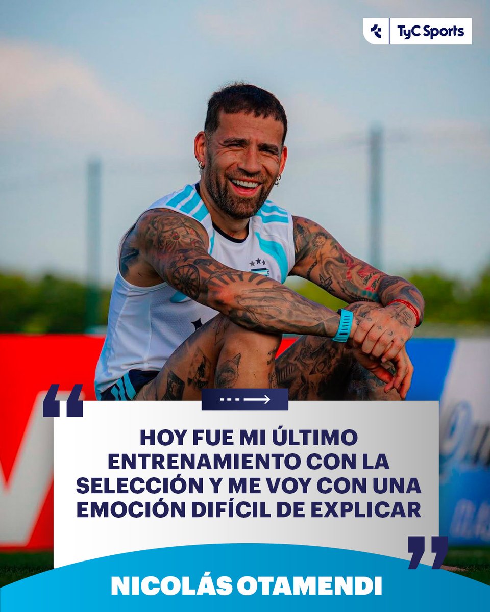 TyCSports's tweet photo. 🫡🇦🇷 Tras su último entrenamiento con la Selección Argentina, de cara al duelo ante Benín, Nicolás Otamendi dejó un sentido mensaje en sus redes sociales:

✍️ "Hoy fue mi último entrenamiento con la camiseta de la Selección Argentina. Y aunque intenté vivirlo como un día más, supe desde el primer momento que nada volvería a ser igual. Mientras miraba la cancha, regresaron todos los recuerdos: los primeros pasos, las dificultades, las alegrías, las lágrimas, las victorias y también las derrotas que nos enseñaron a levantarnos una y otra vez. Cada rincón parecía guardar una historia, cada mirada traía una despedida y cada instante me recordaba todo lo que significó vestir estos colores. Pero también me voy con una emoción difícil de explicar, porque representar a mi país fue mucho más que un sueño cumplido: fue uno de los mayores honores de mi vida. Gracias, Argentina, por cada abrazo, cada canción, cada bandera y cada vez que el himno nos hizo sentir que no estábamos solos. Gracias por acompañarnos en los momentos felices y por sostenernos cuando las cosas no salían como esperábamos. Hoy termina un entrenamiento, pero también se cierra una parte enorme de mi vida. Me llevo recuerdos que voy a guardar para siempre y un orgullo que no se apaga. Mañana es un día muy especial, porque va ser el día del mejor jugador de todo los tiempos, fue un privilegio ser parte de tu historia enano. Hasta siempre, Selección. Gracias por todo".