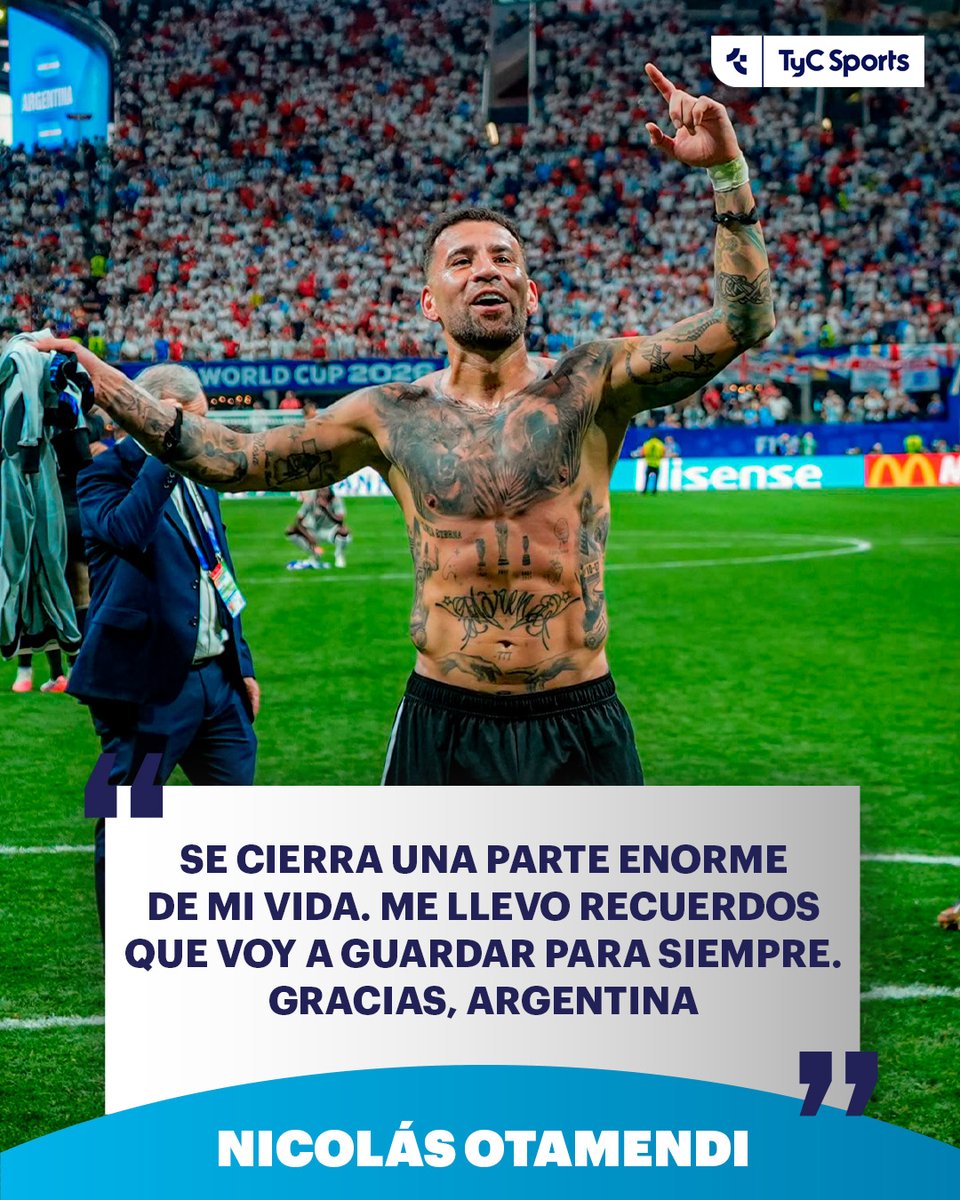 TyCSports's tweet photo. 🫡🇦🇷 Tras su último entrenamiento con la Selección Argentina, de cara al duelo ante Benín, Nicolás Otamendi dejó un sentido mensaje en sus redes sociales:

✍️ "Hoy fue mi último entrenamiento con la camiseta de la Selección Argentina. Y aunque intenté vivirlo como un día más, supe desde el primer momento que nada volvería a ser igual. Mientras miraba la cancha, regresaron todos los recuerdos: los primeros pasos, las dificultades, las alegrías, las lágrimas, las victorias y también las derrotas que nos enseñaron a levantarnos una y otra vez. Cada rincón parecía guardar una historia, cada mirada traía una despedida y cada instante me recordaba todo lo que significó vestir estos colores. Pero también me voy con una emoción difícil de explicar, porque representar a mi país fue mucho más que un sueño cumplido: fue uno de los mayores honores de mi vida. Gracias, Argentina, por cada abrazo, cada canción, cada bandera y cada vez que el himno nos hizo sentir que no estábamos solos. Gracias por acompañarnos en los momentos felices y por sostenernos cuando las cosas no salían como esperábamos. Hoy termina un entrenamiento, pero también se cierra una parte enorme de mi vida. Me llevo recuerdos que voy a guardar para siempre y un orgullo que no se apaga. Mañana es un día muy especial, porque va ser el día del mejor jugador de todo los tiempos, fue un privilegio ser parte de tu historia enano. Hasta siempre, Selección. Gracias por todo".