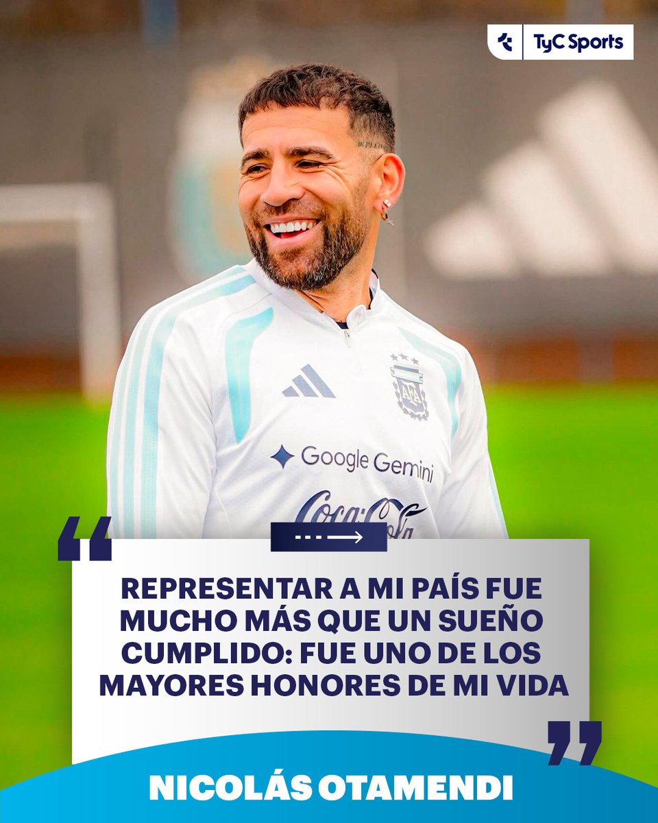 TyCSports's tweet photo. 🫡🇦🇷 Tras su último entrenamiento con la Selección Argentina, de cara al duelo ante Benín, Nicolás Otamendi dejó un sentido mensaje en sus redes sociales:

✍️ "Hoy fue mi último entrenamiento con la camiseta de la Selección Argentina. Y aunque intenté vivirlo como un día más, supe desde el primer momento que nada volvería a ser igual. Mientras miraba la cancha, regresaron todos los recuerdos: los primeros pasos, las dificultades, las alegrías, las lágrimas, las victorias y también las derrotas que nos enseñaron a levantarnos una y otra vez. Cada rincón parecía guardar una historia, cada mirada traía una despedida y cada instante me recordaba todo lo que significó vestir estos colores. Pero también me voy con una emoción difícil de explicar, porque representar a mi país fue mucho más que un sueño cumplido: fue uno de los mayores honores de mi vida. Gracias, Argentina, por cada abrazo, cada canción, cada bandera y cada vez que el himno nos hizo sentir que no estábamos solos. Gracias por acompañarnos en los momentos felices y por sostenernos cuando las cosas no salían como esperábamos. Hoy termina un entrenamiento, pero también se cierra una parte enorme de mi vida. Me llevo recuerdos que voy a guardar para siempre y un orgullo que no se apaga. Mañana es un día muy especial, porque va ser el día del mejor jugador de todo los tiempos, fue un privilegio ser parte de tu historia enano. Hasta siempre, Selección. Gracias por todo".
