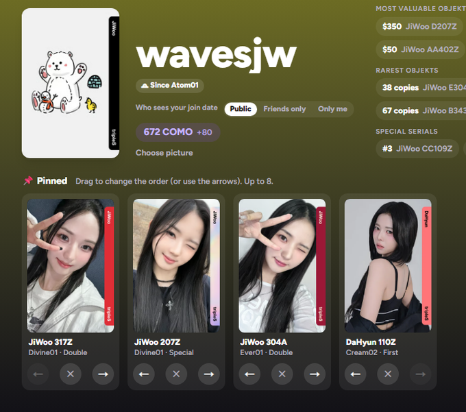 A digital collectibles profile page for 'wavesjw' showing four pinned cards featuring Korean celebrities (JiWoo and DaHyun) with various card identifiers like 'JiWoo 317Z' and 'DaHyun 110Z'.