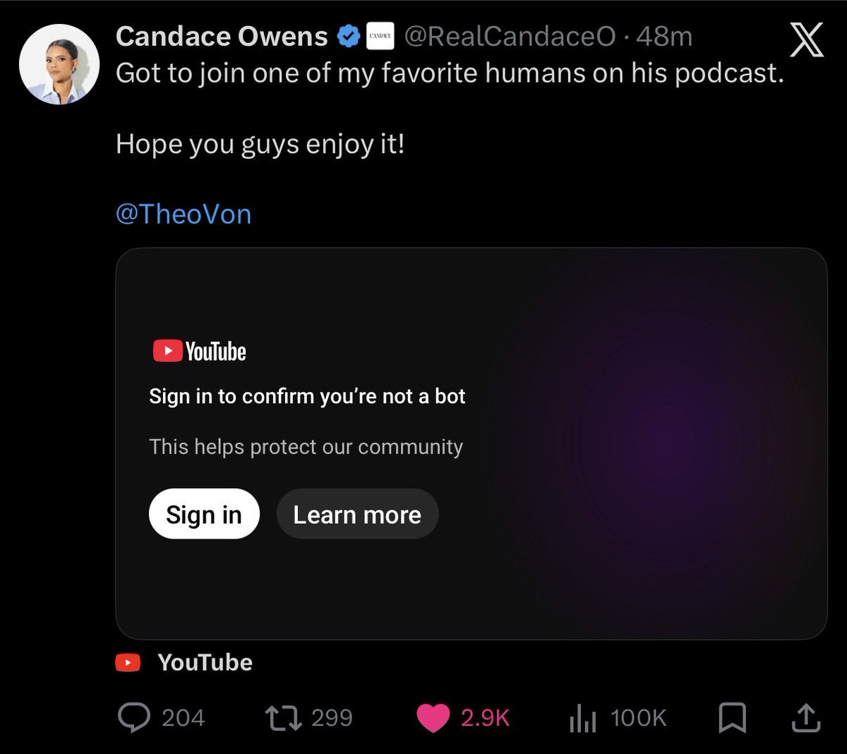 hedgedknight's tweet photo. @RealCandaceO @TheoVon YouTube already has issues 😢 https://t.co/jUGcIcs6vn