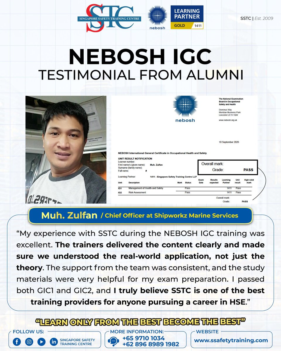 ssafetyraining's tweet photo. Testimonial Bapak Muh. Zulfan (Chief Officer di shipworkz Marine Services) yang sudah mengikuti ujian NEBOSH IGC bersama SSTC!

Learn only from the best, Become the best!!

Hubungi kami di
Wa: +62 896-8989-1982

#SingaporeSafetyTrainingCentre #SSTC #NEBOSH #Testimonial https://t.co/c9oSJV8Ntm