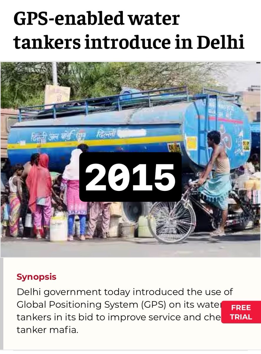 Saurabh_MLAgk's tweet photo. GPS-mounted tankers have been in Delhi since around 2015, nearly a decade ago. (2015 news attached)

BJP’s @gupta_rekha repackages the same news every year, and English newspapers publish it as if it were Newton discovering gravity. (2026 news attached)

In April 2025, CM Rekha Gupta with ministers and MPs, flagged off GPS-fitted tankers as if it were the first time. (2015 news attached)

This was already old news in 2025, and 2026 is similar.